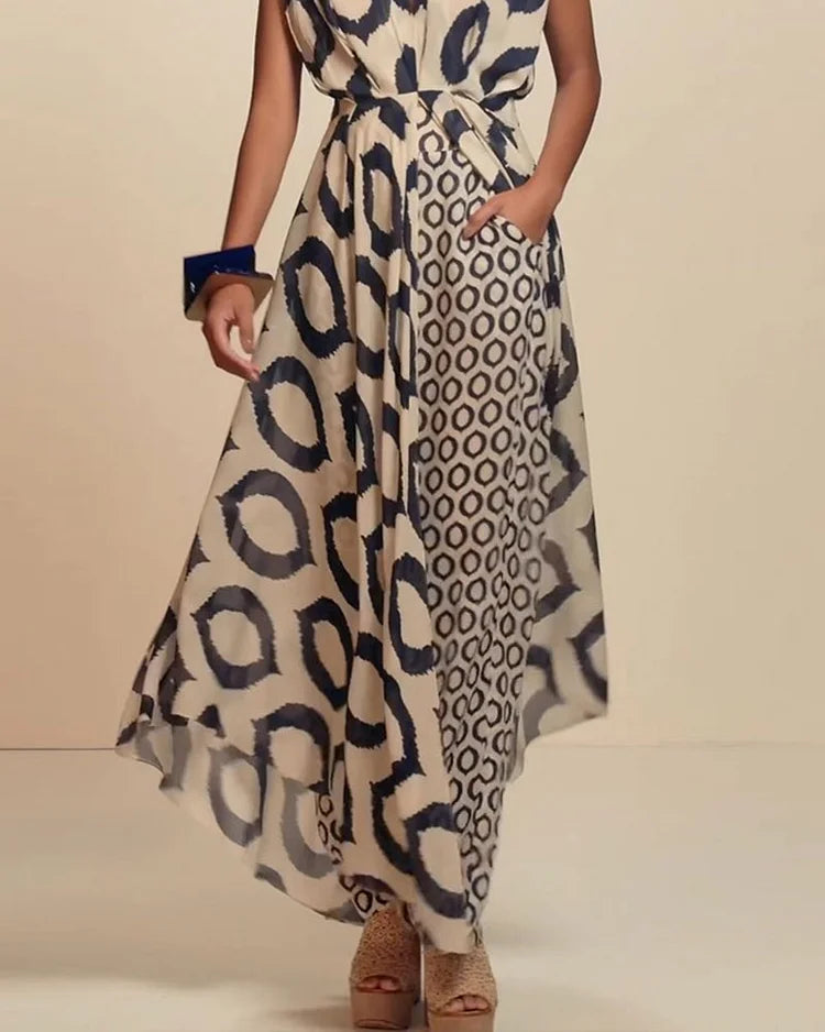 Completo Due Pezzi Casual Senza Maniche a Fantasia con Vita Sottolineata